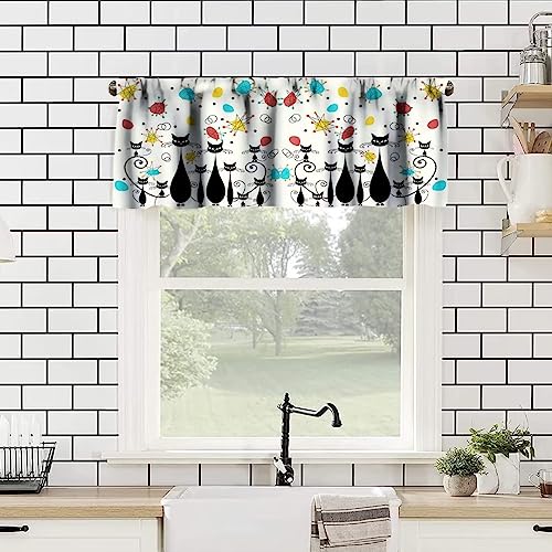 1950s Retro Valance, Mid Century Modern Atomic Black Cat Starbursts Abstract Geometric Print Short Valances Window Treatment for Kitchen Bathroom Living Room Kids Bedroom, 54x18in