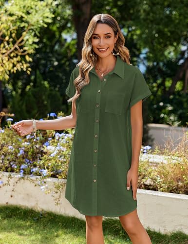 Image of Zeagoo Summer Dresses for Women 2026 Cotton Button Down Short Sleeve Tshirt Dresses Casual Mini Beach Dress