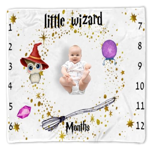 Image of QICAIYUN Little Wizard Baby Milestone Blanket Magic Baby Month Blanket for Baby's First Year Calendar Growth Chart 48''x48'' YUN101