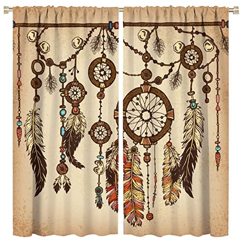 Tribal Ethnic Curtains Dreamcatcher Theme Feather Vintage Dream Catcher Art Printed Window Drapes Bedroom Living Room Decor Rod Pocket 42x45in