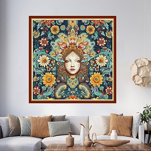 Image of Foxhool Beginners Cross Stitch Kits Stamped Full Range of Embroidery Kits for Adults DIY Cross Stitches kit Embroidery Patterns for Needlepoint kit-Queen of Colorful Flowers 17.7x17.7 inch