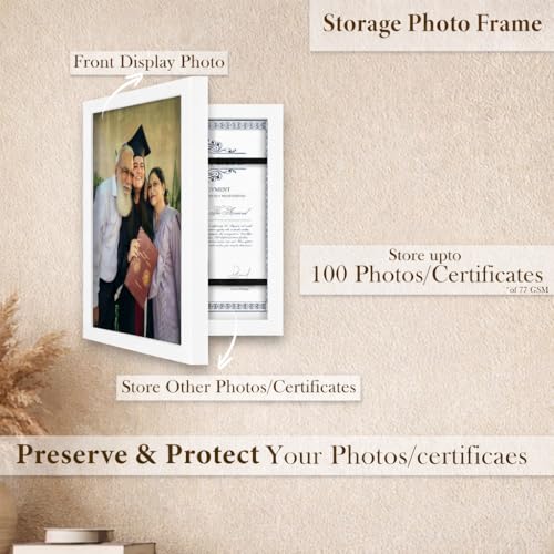 Image of Wooden Document Photo Frame with Storage, Certificate Holder Frame for Wall Mount & Tabletop | Memory Frame for Birth Certificate, Awards & Photos | Premium Finish ( White, Size 9.2X12.6 Inch )