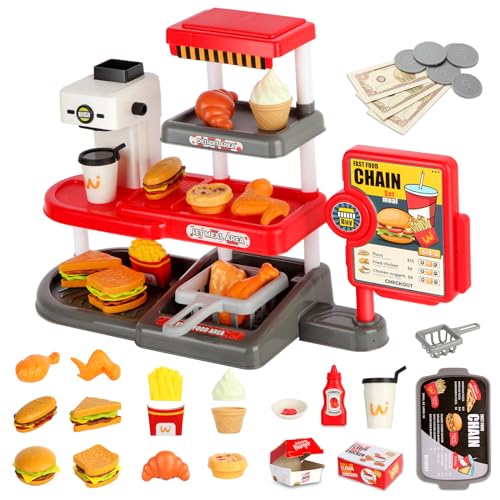Pretend Play Food Toy for Kids Kitchen with Cash Register Coffee Maker 71 Pcs Fast Food Set with Burger Fries Ice Cream Play Money Educational Birthday Gift for Boys Girls Ages 3-8 (Red)