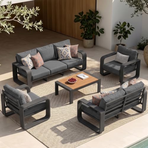 Image of Oversized Aluminum Outdoor Furniture Set, Extra Large Patio Furniture Sofa Set 4.8 inch Widened Armrest & Ultra-Thick Cushions, 5 Pcs Modern Patio Sectional for Backyard, Porch, Graphite