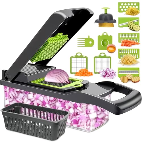 14-in-1 Vegetable Chopper with Container – Veggie Chopper with Container and Lid Includes 6 Blades, Cheese Grater, Egg Separator | Finger Guard, Dishwasher Safe – Veggie Dicer for Chips, Cubes, Strips