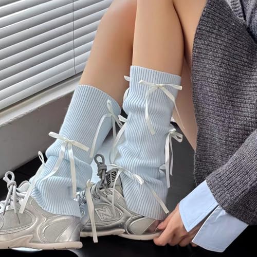 Image of Leg warmers Y2k Wind with bow lace-up knit Harajuku Kawaii leg warmers accessories 80's vintage high leg socks