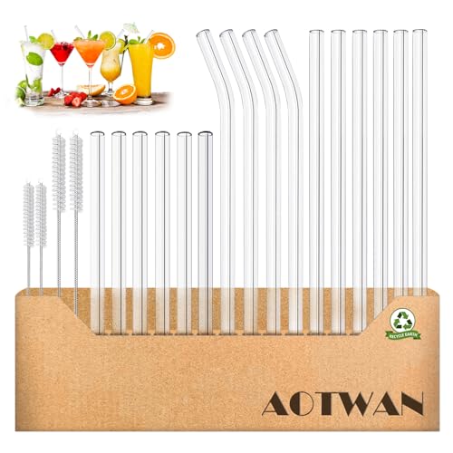 AOTWAN Glas Strohhalme Wiederverwendbar 20 Stück Glasstrohhalme, 6 Kurz + 6 Lange Geraden Glas-Strohhalme, 4 gebogenem Trinkhalme mit 4 Reinigungsbürsten für Cocktails, Smoothie und Säfte