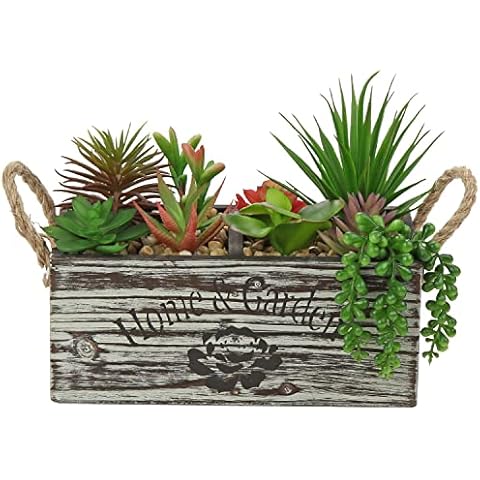 Artificial Succulent Plants Potted with Rustic Box Arrangement Assorted Faux Planter in Square Wood Pot Cover