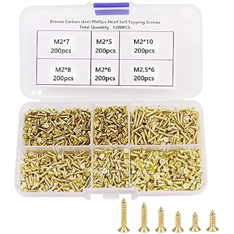UBERMing 1200 Pieces Small Hinge Wood Screws M2/M2.5 Small Brass Screws 5/6/ 8/10/ mm Tiny Flat Head Cross Screws Assortment with Storage Case for Multifunctional DIY - Gold Cover