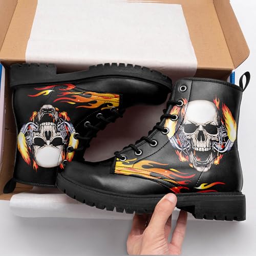 Image of Custom Black Combat Boots for Women Fashion Lace-Up Skull Rose Ankle Booties Chunky Heel Platform Leather Boots
