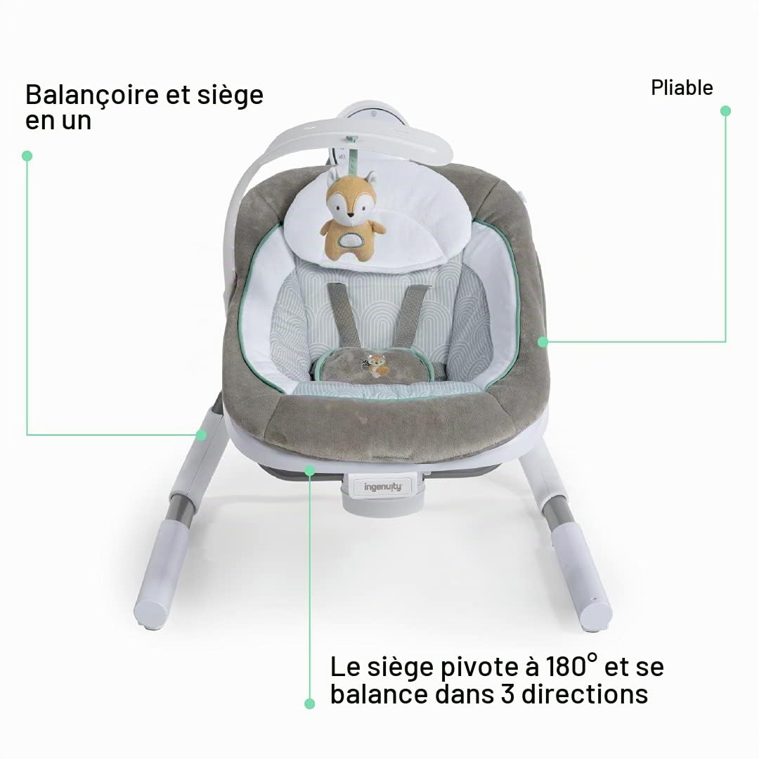 Ingenuity, Anyway Sway Balancelle Portable et Pliable pour Bébé à 5 Vitesses et Multi-Directions avec Vibrations, Sons de la Nature, 0-9 Mois 2,7-9 kg (Ray)