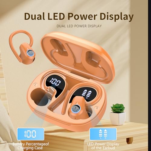 Image of Wireless Earbuds, Headphones Sport Bluetooth 5.4, Over Ear Buds with ENC Noise Canceling Mic, Deep Bass Stereo Earphones with Hook, 50H Playback, LED Display Ear Buds for Workout Running, Deep Orange