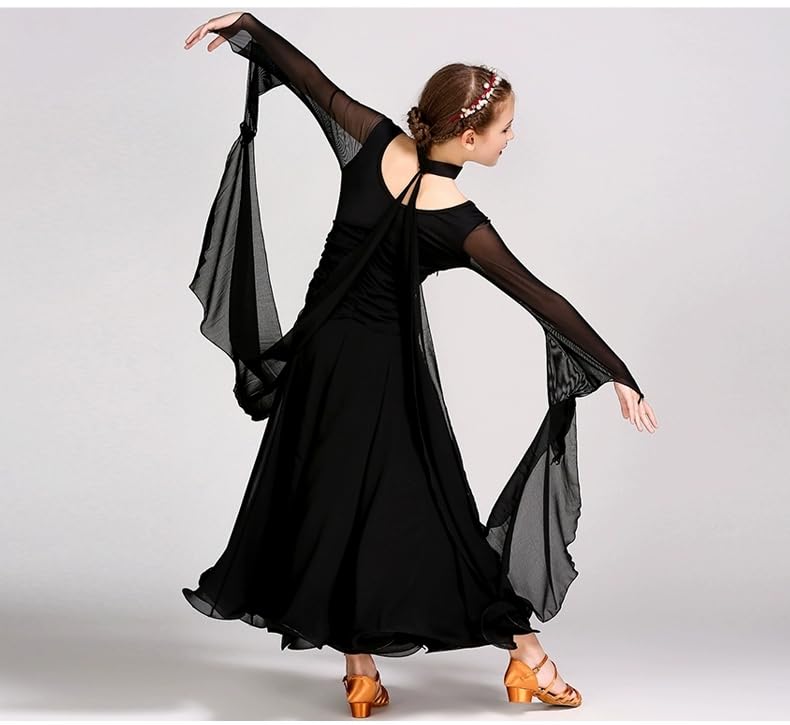 HEARTTOUCH Girls Ballroom Dance Dress Long Sleeve Latin Ballet Tango Modern Waltz Tango Dress Performance Competition Costume (Black,S,Small)