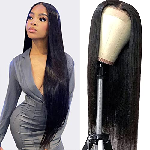 AYNISS Lace Front Wigs Human Hair Straight T Part 4X1 Transparent Closure Wigs For Black Women Brazilian Human Hair Pre Plucked with Baby Hair 150 Density Natural Black 30Inch