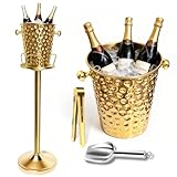 Champagne Bucket with Stand, Ice Bucket 5L with Ice Scoop and Tong (Texture Gold, 1 pack)