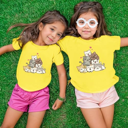 Image of KEEVICI Cute Cartoon Cat Shirts for Girls Kids Graphic Tees Kawaii Animal Pattern T Shirt Cotton Crewneck Summer Loose Tops