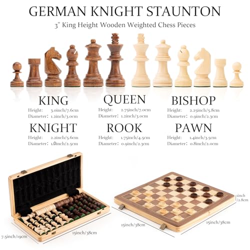 A&A Chess & Checkers - Set pieghevole in legno, 15 pollici, 2 pezzi extra queen…