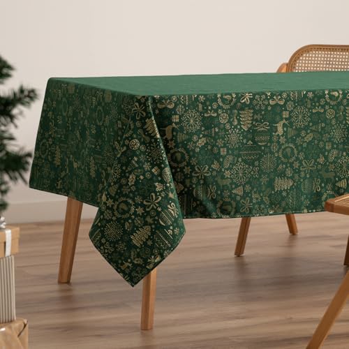 GAMUSI Nappe de Noël Jacquard Fil Doré Table à Manger Carré Décoration de Noël 140 x 240 cm Couleur Vert