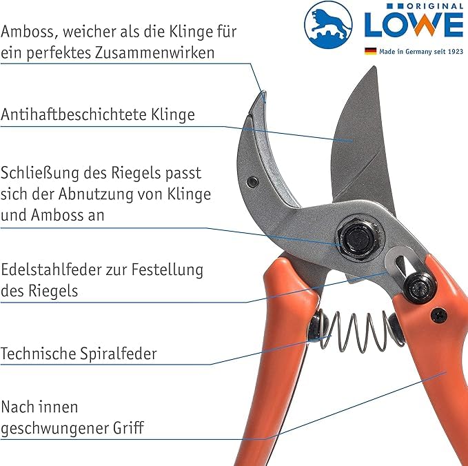 Original LÖWE 15 Amboss Gartenschere 15.107 mit Bypass Geometrie für kleinere bis mittlere Hände & 5 Profi Gartenschere Amboss 5.107 mit rostfreier und antihaftbeschichteter Stahlklinge