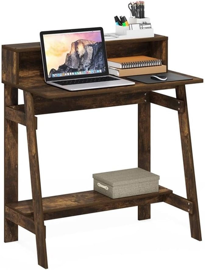 Pemberly Row A-Frame Computer Desk, 31.6 x 17.9 x 35.5 in, Amber Pine Particle Board, Built-in Desk Hutch, Contemporary Industrial Style, Compact Study Desk for Home Office or Bedroom