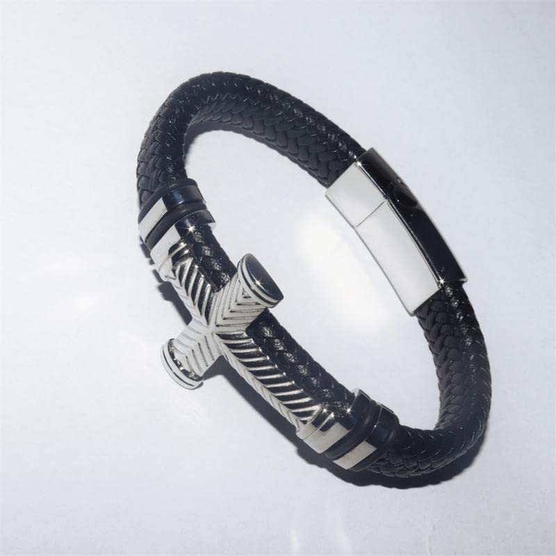 Bracelets pour hommes cuir et croix look décontracté chic - 4
