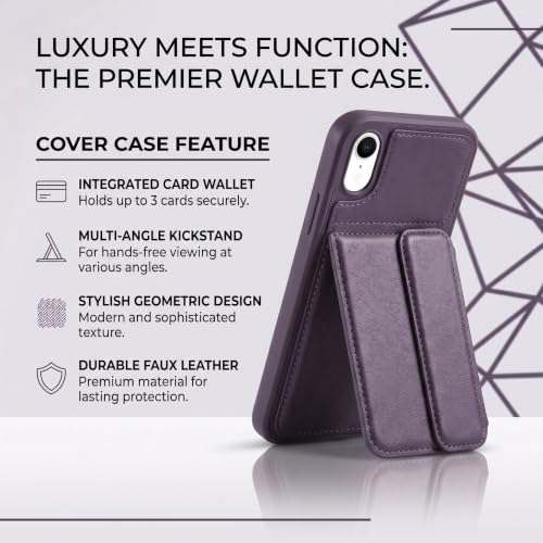 Image of amazon basics Luxury Vegan Leather Back Cover for iPhone XR | Built-in Card Holder Slot | Integrated Mobile Stand | Slim Shockproof Protective Case with Stitched Finish - Purple