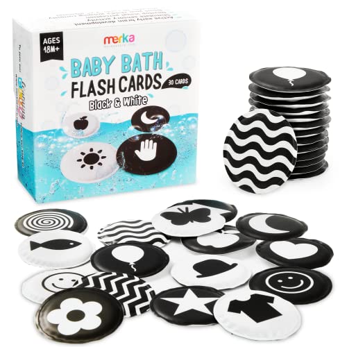 Image of merka High Contrast Bath Toys - 30-Pack, 2.25-Inch Black & White Sensory Foam - Infant Stimulation Flashcards & Waterproof High Contrast Cards - Black & White Baby Bath Toys