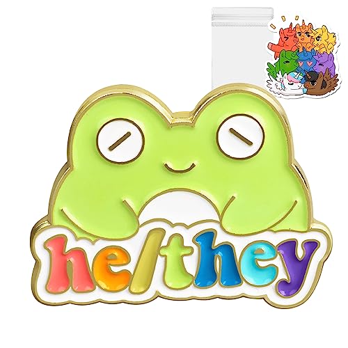 Image of LGBTQ Pronouns Cute Frog Pin - Gender Identity Bulk Pins for Pride Parade or Daily Wear - They /Them (Free 1pc Pride Sticker Included)