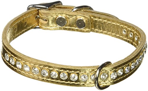 Image of Signature Leather Crystal Dog Collar, Metallic Gold Solid Grain Leather, Fits 9.5 inch-11.5 inch Neck Size, 14 inch Overall Length