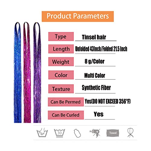 Hair Tinsel Kit With Tools Heat Resistant 43" 12Colors 2760 Strands Hair Tinsel Extensions With Feather Hair Fairy Hair For Girls Women Birthday Present Cosplay Christmas New Year Gift(12Colors+Tools Kit) #TOP3