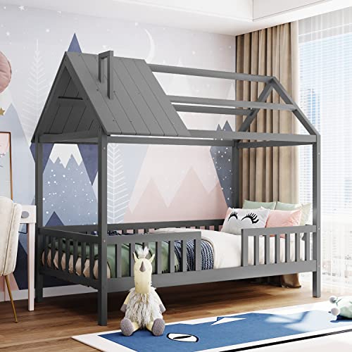 Homsof Twin House Beds Wood Bed Frame Kids Platform Bed With Pine Wood Roof, Fence-Shaped Guardrails, Cabin Bed For Children Kids, Teens, Grey, Twin #TOP27