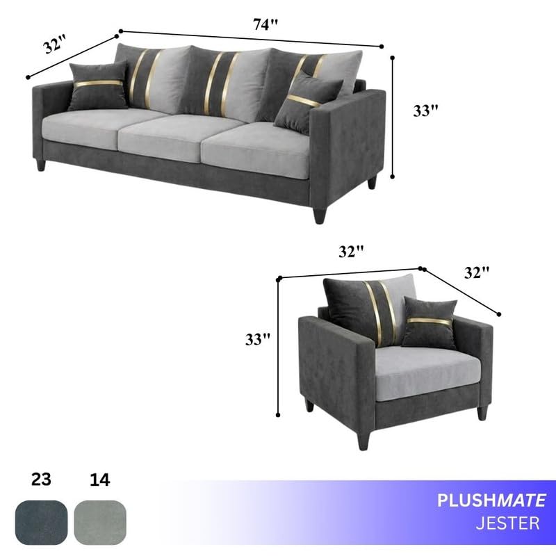 Image of Jester Plush Comfort Sofa Set | 3 Seater + 1 Seater + 1 Seater | Luxury Velvet Suede Fabric | Modern Living Room Sofa | Dark Gray - Light Gray
