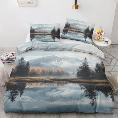 SUWALI Scenery Single Duvet Cover Set, Forest Mountain Printed Bedding Quilt Cover, 1 Pillow Case, Soft Microfibre, with Zip Fastening, Reversible Design