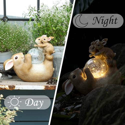 Solar Bunny Lamp Playing with Ball, 10x5x9 Inch Outdoor Easter Rabbit Decor, Whimsical Garden Statue for Lawn, Backyard & Night Landscape, Easter Bunny Figurine Night Light by SOFFEE GARDEN - Used condition - Image 2