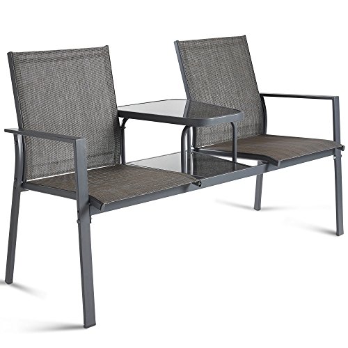 VonHaus Garden Loveseat - Patio Textoline Duo Seat with Adjoining Table - Outdoor Grey Companion Twin Chair