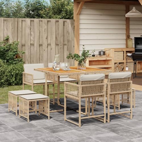 Genérico Set Comedor de jardín 9 pzas con Cojines ratán sintético Beige,Mobiliario,Muebles de jardín,Conjuntos de jardín-3211504