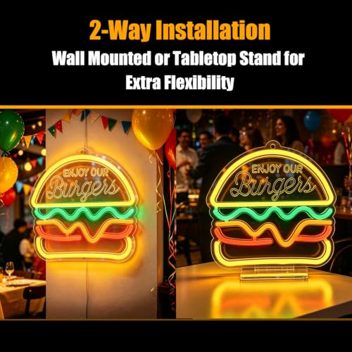 Image of Burger Neon Sign, Type-C & USB Powered Neon Lights with Base Stand | Cute LED Food Neon Signs for Kids Bedroom, Game Room, Kitchen, Desk & Wall Art, Aesthetic Room Decor Gift, Hooks Included