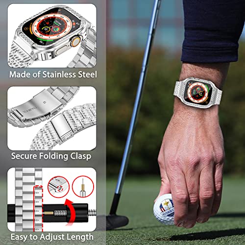 Image of MioHHR Stainless Steel Band and Case Compatible with Apple Watch Band 49mm | Men Metal Protective Bumper Cover with Straps for iWatch 49mm Series Ultra 3, Ultra 2, Ultra, Silver Pattern