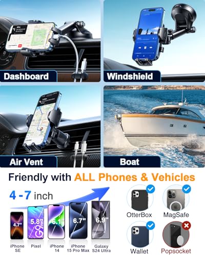 YRU True Military-Grade [360° Rotation Suction] 2026 Ultimate Car Phone Holder Mount【90 LBS Safest Strongest & Patent Certs】 Dash Windshield for iPhone 17 16 Pro Max Speakerphones, Gloss Black