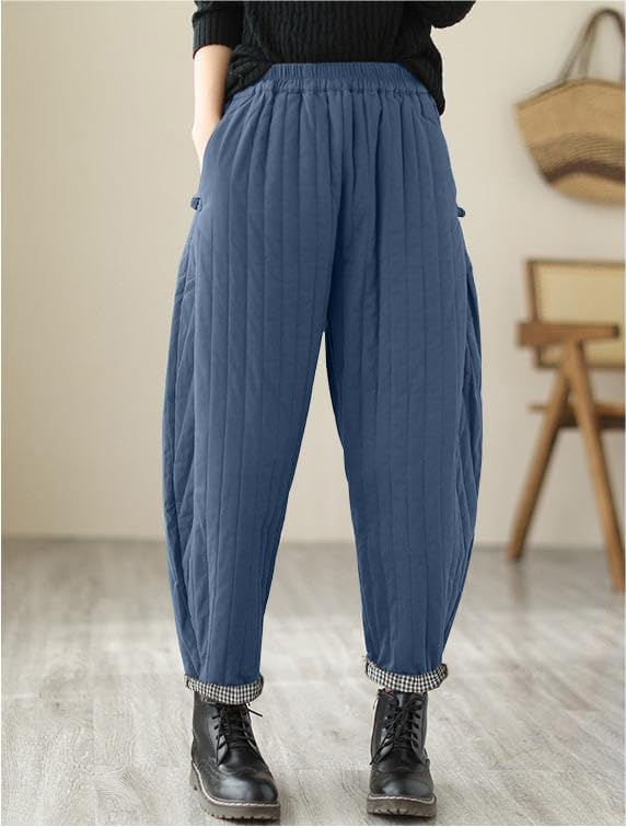 WROLEM Women Winter Warm Down Cotton Pants Thicker Padded Quilted Pants Relaxed Fit Wide Leg Trousers with Pockets - Image 2