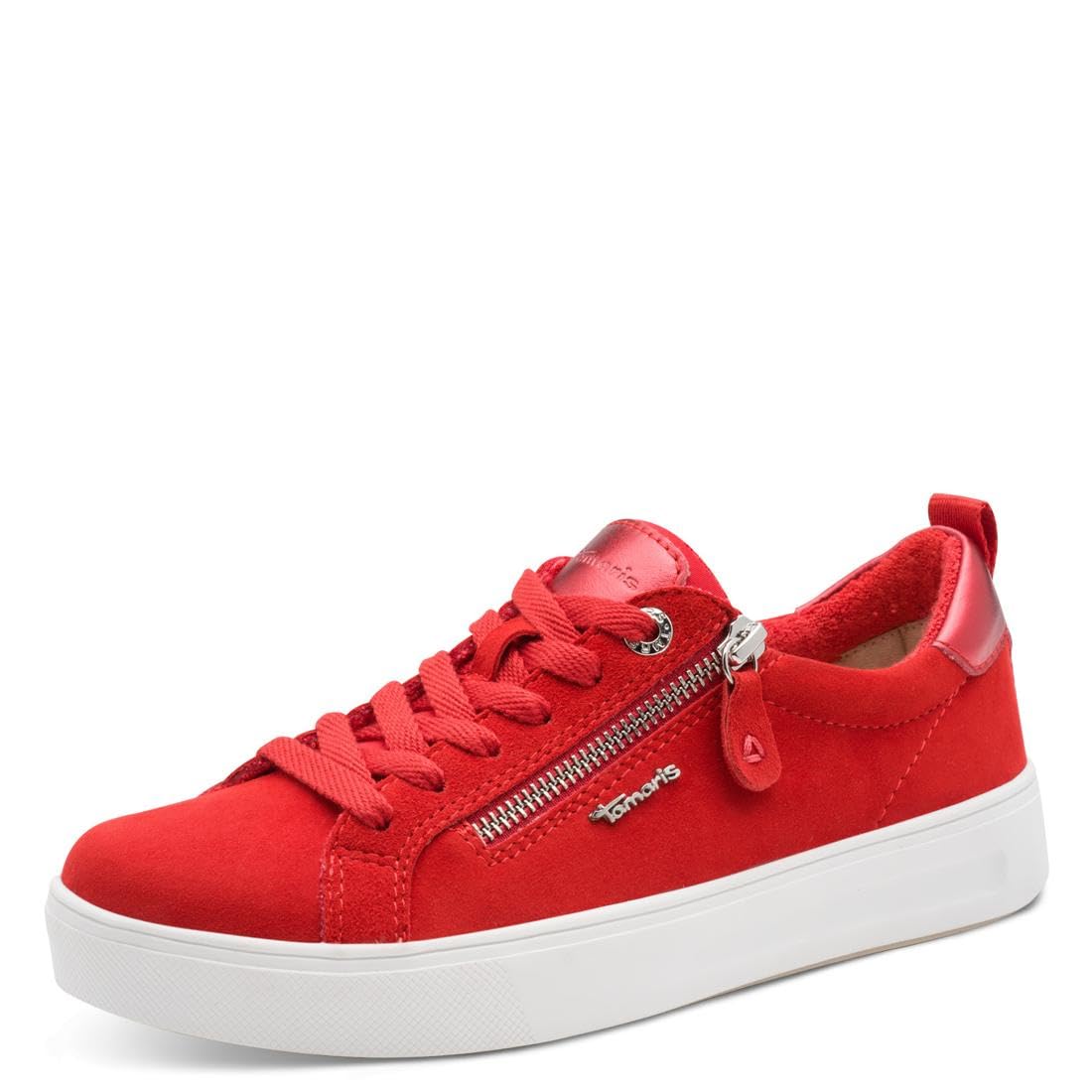 Tamaris Comfort Women’s Flat Sneakers with Zip Casual, Red Suede, 5 UK