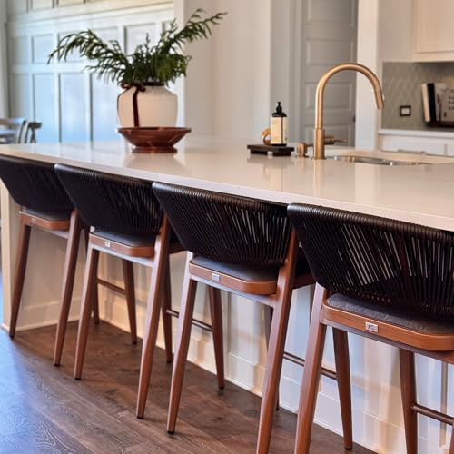 Image of PURPLE LEAF Counter Height Bar Stool Set of 2 Modern Aluminum Rattan Wicker Outdoor Barstools with Backrest and Cushion for Kitchen Lawn Pool Bar Chairs Brown