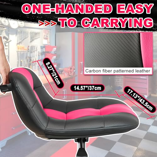 Image of Rolling Stool with Wheels, Adjustable Height Pneumatic Garage Work Mechanic Stool Seat with Backrest, 400 LBS Capacity 360 Swivel Mechanic Crepper Chair with Tool Tray Storage, Pink