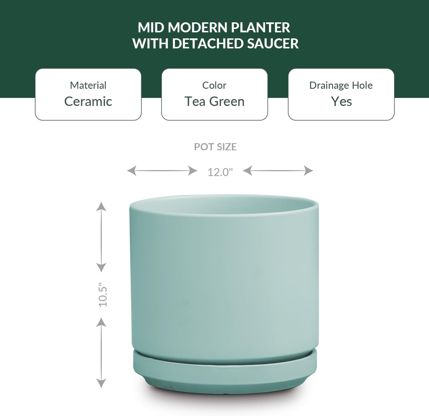 PLANTATOREM Ceramic 12 Inch Mid Modern Planter Pot with Drainage Hole and Saucer, Indoor Cylinder Round Flower Pot, Perfect for Planting Succulents, Herbs, Flowers, House Plants, Tea Green