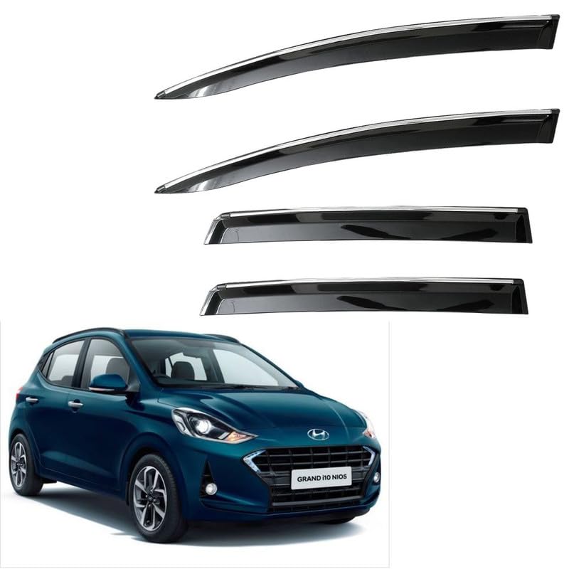 Image of CAR SAAZ Unbreakable Side Window Door Visor for Grand I10 nios (2019-2023) | Chrome Smoke Finish | Rain & Wind Deflector - Set of 4 Pcs
