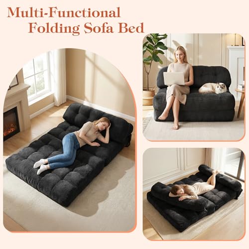 Image of Folding Sofa Bed, Convertible Sleeper Chair with Back Support and Pillow | Boneless Matress, for Living Room /Guest Use /Home Office, Foldable Chair Bed for Adults, Black, Full