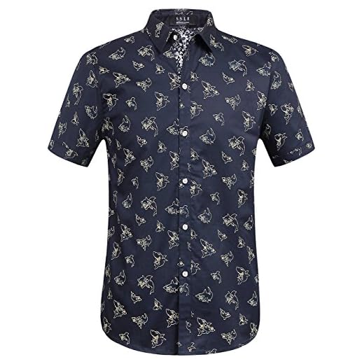 SSLR Camisa con Estampado de Tiburones Manga Corta de Algodón de Verano para Hombre (Medium, Navy)