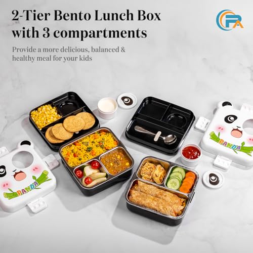 Image of Primalite Kids Panda Theme Stainless Steel Bento Lunch Box for School, 3-Compartment, Sauce Jar & a Spoon, Leak-Proof with Seal Ring Design & Multiple Lock-Design Tiffin, Air-Tight- 1100ML- White