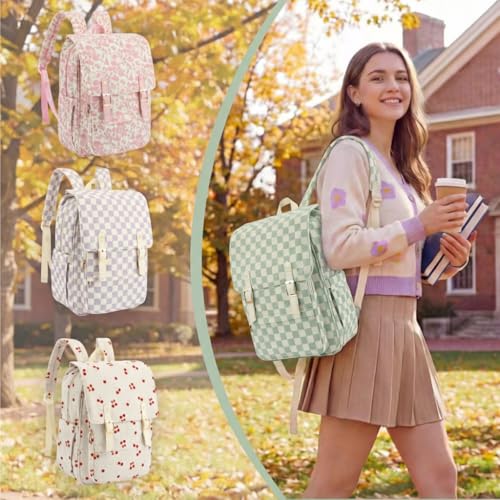 Image of Women Laptop Backpack, Corduroy 15.6 inch Travel Backpack for Work College Business, Teacher Nurse Bag with Large Capacity School Bookbag Bags for Girls - Checkered Matcha Green
