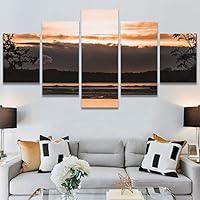 SIGNWIN 5 Panel Canvas Wall Art Coastal Orange Photography Relax/Calm Romantics Sunset Warm for Home Decorations Ready to Hang - 60